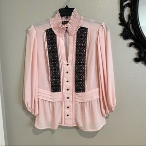 NY&Co. Pink with Black Lace button up blouse - size Large.